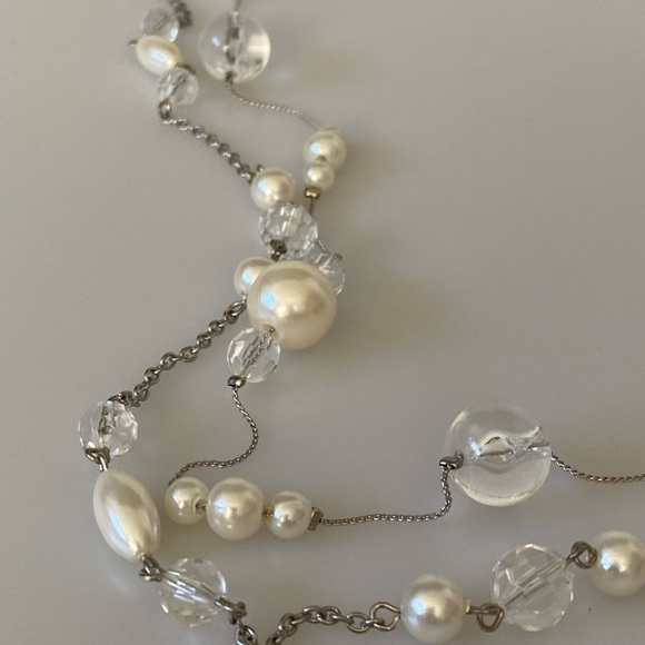 Necklace Two Strands Satellites Faux Acrylic Pearls & Beads Silver Tone 38” - Picture 5 of 11